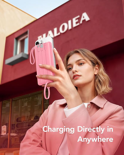 VRURC Portable Phone Charger, Travel Portable Charger with 4 Cables, 5 Outputs 2 Inputs Slim USB C Power Bank, Built-in Cables Cords for iPhone 17 16 15 14 13,Samsung,Android-Barbie Pink(1 Pack)