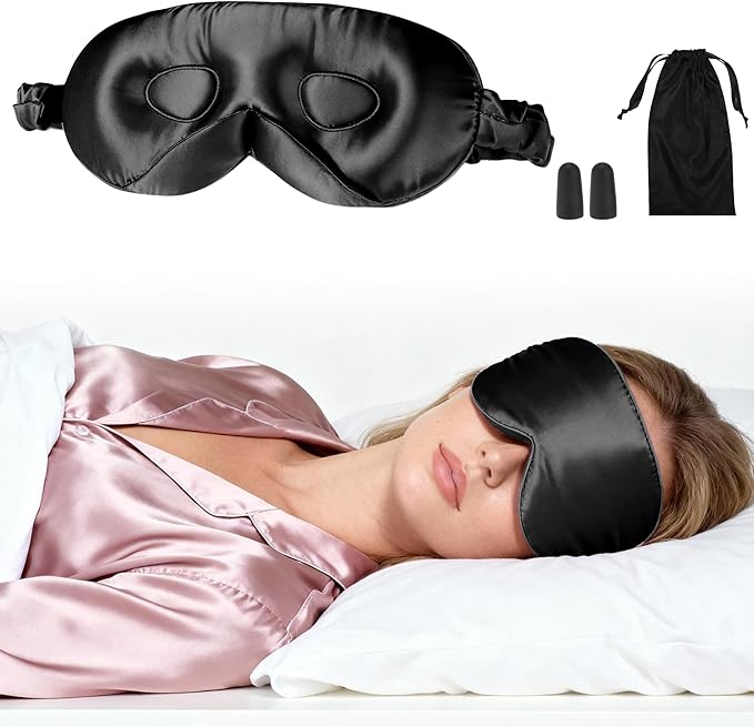 VOCOSTE 22 Momme Pure Silk Sleep Mask with Travel Pouch, 3D Contour Adjustable Blindfold for Side Sleepers, Eye Mask Locks Light for Sleeping, Black