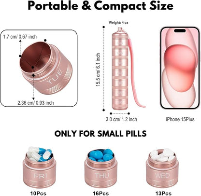 Portable Metal Pill Medicine Organizer - Waterproof Pill Case Compact Travel Pill Box Weekly Aluminum Alloy Container, 7 Day Daily Pill Organizer Holder for Small Pills, Pink S