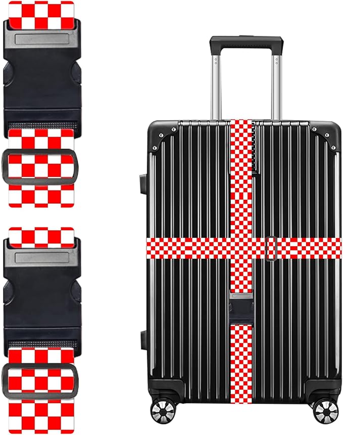 Nuxovilar Luggage Straps of 2 Set Red White Checkered Pattern, 1.96x90.5 inches - Luggage Straps for Suitcases, Suitable for Road Trips, Business Travel, Daily Commute