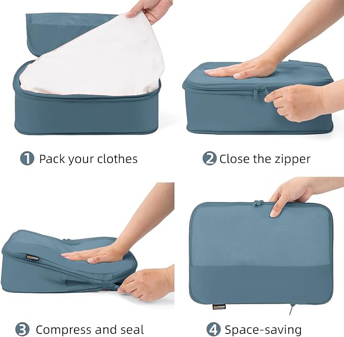 4 Piece Compression Packing Cubes for Suitcases and Backpack, Lightweight Travel Organizer Bags (Gray Blue)
