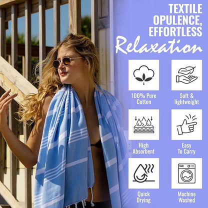 Beach Towel 100% Cotton Turkish Beach Towel Adult 38x70 Inch Pre-washed Absorbent Extra Large|Sand Free Quick Dry BathTowels|Lightweight Blanket|Travel Cruise Camping Spa Gym Towels|Directoire Blue