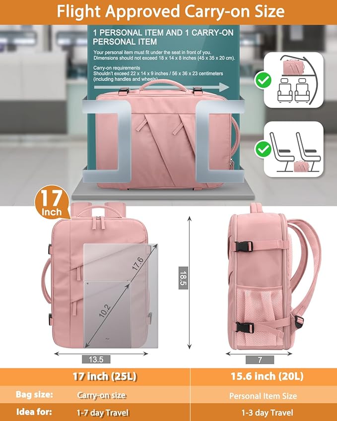 Capolo Travel Backpack for Women Men Waterproof Laptop Backpack Flight Approved Carry On Backpack Overnight Weekender Bag College Bookbag for Business, Work, Traveling Fits 17 '' Laptop,Pink