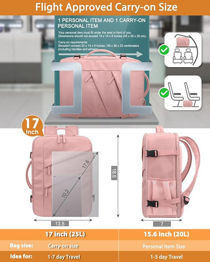 Capolo Travel Backpack for Women Men Waterproof Laptop Backpack Flight Approved Carry On Backpack Overnight Weekender Bag College Bookbag for Business, Work, Traveling Fits 17 '' Laptop,Pink