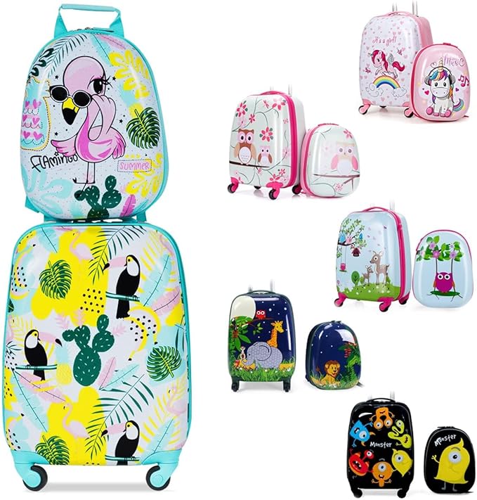 KOTEK Kids Carry On Luggage Set, 16" Hardside Rolling Suitcase with Spinner Wheels, Travel Rolling Luggage for Boys Girls (Flamingo)