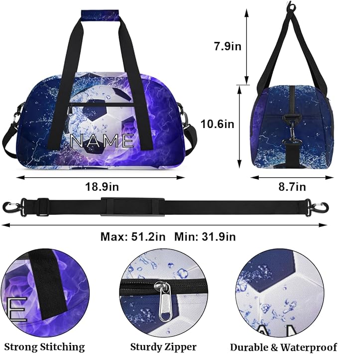 Personalized Kids Duffel Bag for Girls Boys Traveling Sport Soccer Ball Fire Small Sport Gym Bag Custom Overnight Weekender Tote Bag Carry on Teen Dance Bag for Gymnastic Ballet