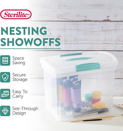 Sterilite Large Nesting ShowOffs Stackable Storage Bin, Latching Organizer Tote with Handle, Plastic Box for File Organization, Clear, 12-Pack