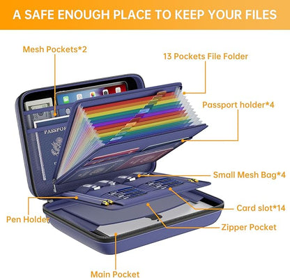 DocSafe Fireproof File Organizer with Lock, Hard-Shell Case Fireproof Document Box with 13 Pocket Accordion File Folder, Portable Home Office Travel Safe Storage for Important Documents Laptop Blue