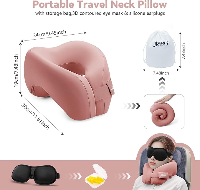 jiaao Neck Pillow Airplane, Memory Foam Travel Neck Pillows for Long Flight, 3D Eye Masks, Ear Plugs and Portable Drawstring Bag, Napping Pillow for Home, Road Trips, Sleep Rest and Travel Use