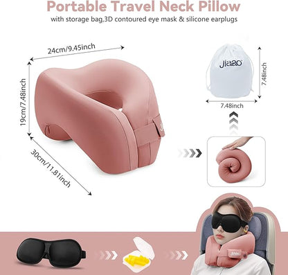 jiaao Neck Pillow Airplane, Memory Foam Travel Neck Pillows for Long Flight, 3D Eye Masks, Ear Plugs and Portable Drawstring Bag, Napping Pillow for Home, Road Trips, Sleep Rest and Travel Use