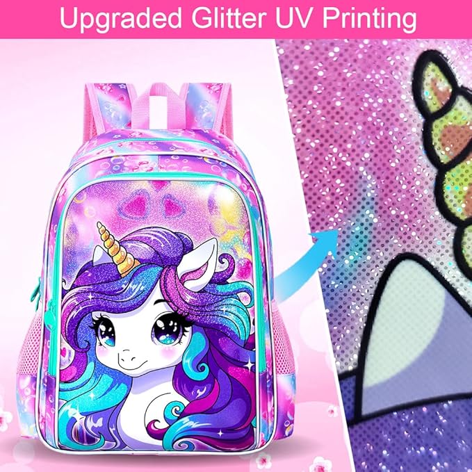 WZLVO 3PCS Unicorn Backpack for Girls, 16'' Kids Preschool Bookbag Set, Cute Water Resistant Kindergarten Elementary School Bag with Lunch Box