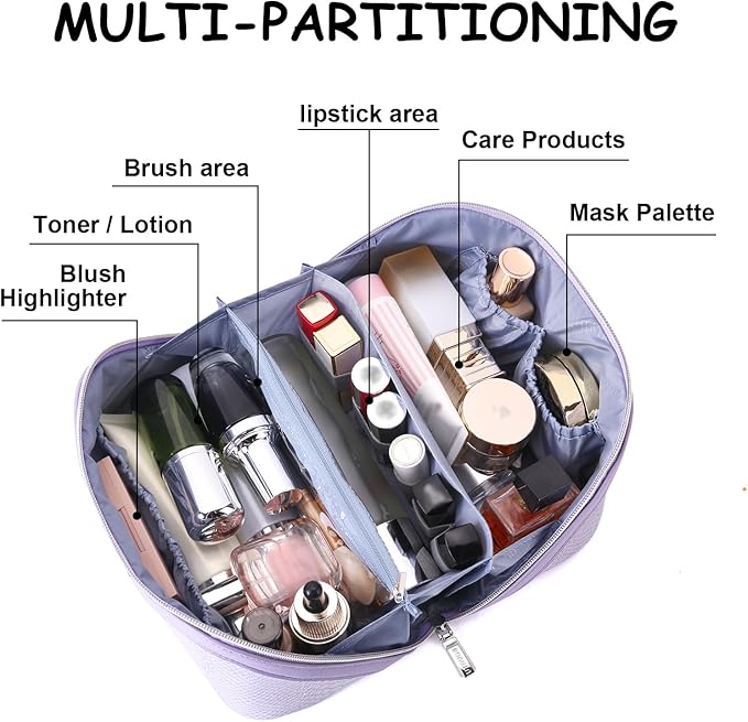 BOYATU Travel Makeup Bags for Women: 3 Pcs Set Wide Open Cosmetic Bag - Portable Make up Bags with Handle - Vegan Leather Toiletry Organizer Bag with Divider (G-01-Purple)