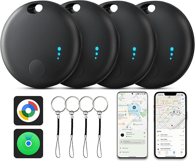 Air Tracker Tag for Android or iOS, Dual System Air Tracker-4 Pack, Bluetooth Tracking Compatible with iOS Find My or Google Find Hub App, Smart Tracker Tag Key Finder for Key Wallet (Black)