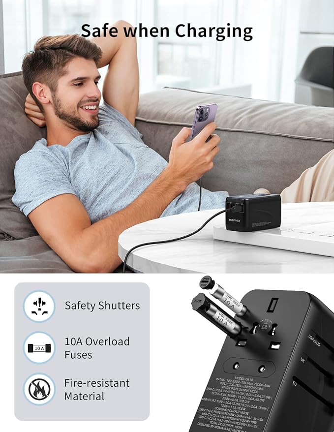 MOMAX Universal Travel Adapter, 100W Fast GaN International Power Adapter, 2PD USB-C+2QC USB-A Travel Adapter, US, UK, EU, AU Travel Adapter Worldwide for Laptops, Tablets, Phones, Vision Pro