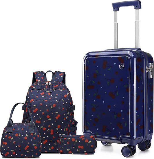 Somago 4 Piece Kid's Luggage with Backpack Set for Boys Girls Spinner 18" Hardside PC Rolling Carry on Suitcase with TSA Lock (Cherry Navy)