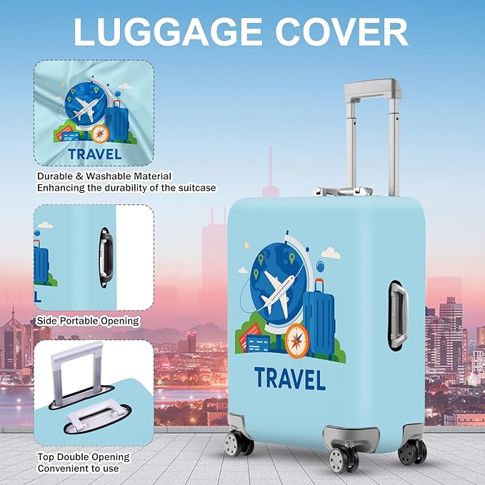 ANNA QUEEN Travel World Luggage Cover, Airplane & Globe Design, Stretchable, Washable Travel Sleeve for 20-34 Inch Suitcases