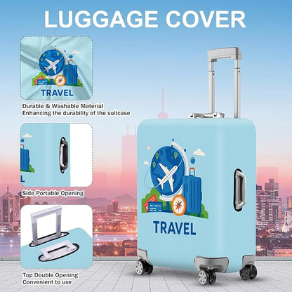 ANNA QUEEN Travel World Luggage Cover, Airplane & Globe Design, Stretchable, Washable Travel Sleeve for 20-34 Inch Suitcases