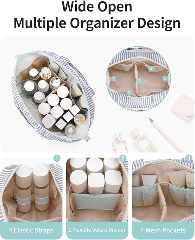 Narwey Travel Toiletry Bag, Wide-open Large Toiletry Bags for Traveling Women, Checkered Travel Bag for Toiletries Cosmetic Makeup Bag Organizer, Skincare Make Up Bag (Greyish Blue Stripe)