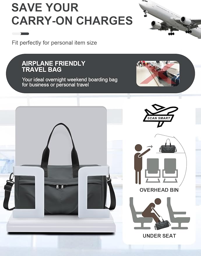 Gym Bag for Women Men with Shoe Compartment, Sport Duffel Bag, Waterproof Travel Weekender Overnight Carry on Bag for Yoga with Trolley Sleeve, Grey