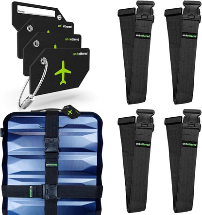 Untethered Ultimate Travel Set: 4 Premium Luggage Straps and 4 Silicone Tags - Secure & Identify Your Bags with Ease (Black + Tags)