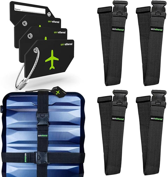 Untethered Ultimate Travel Set: 4 Premium Luggage Straps and 4 Silicone Tags - Secure & Identify Your Bags with Ease (Black + Tags)