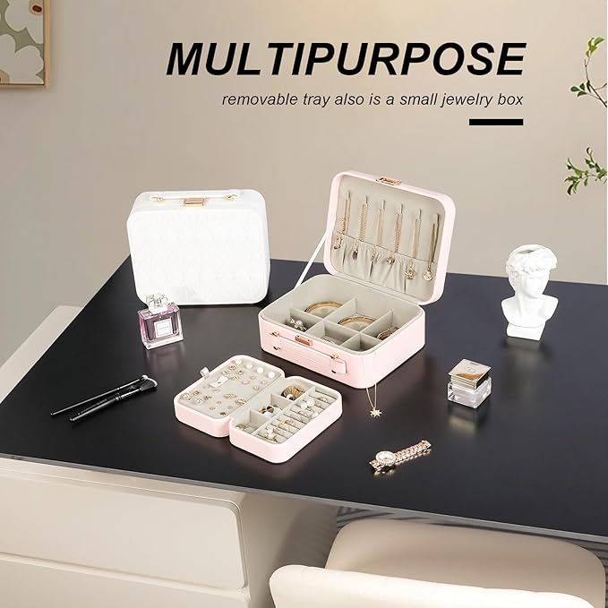 Large Jewelry Travel Organizer, Large Travel Jewelry Box with Removable Jewelry Tray, 2-Layer Jewelry Boxes for Women, Pink