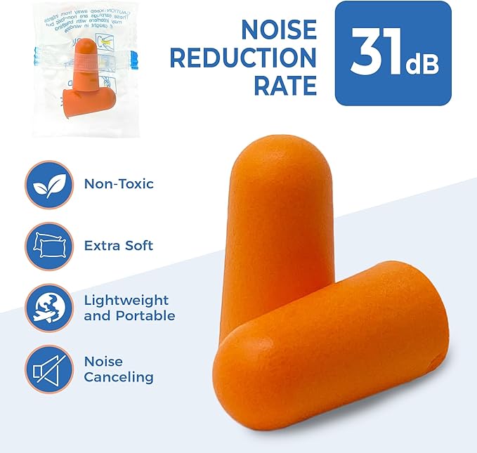 Reli. Foam Ear Plugs (100 Pairs Bulk), Individually Wrapped | 31 dB NRR | Disposable Foam Ear Plugs for Sleeping Noise Cancelling | Blocks Loud Noises for Snoring, Concerts, Travel (Peach)