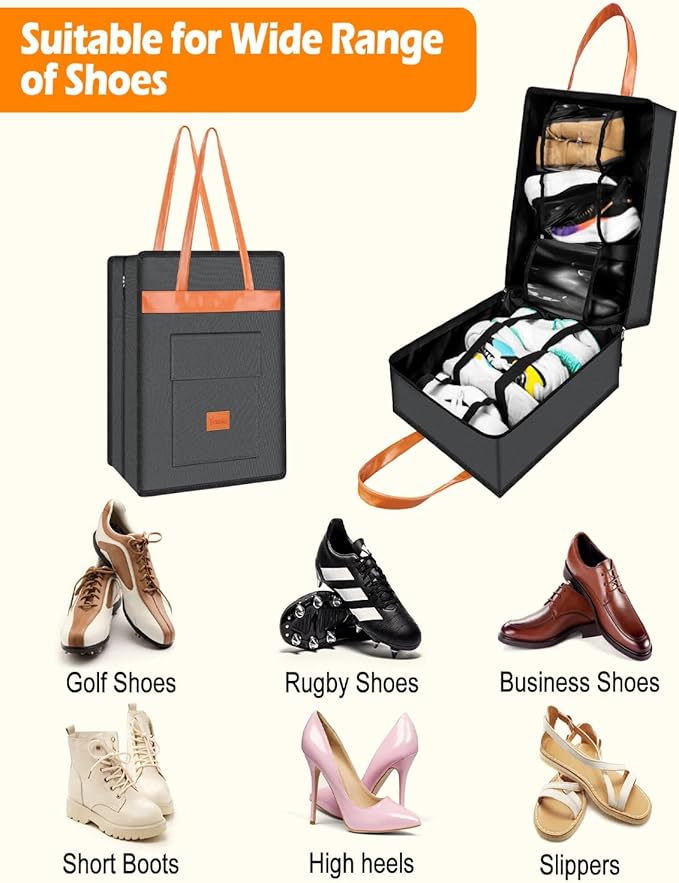 Yotako Shoe Bag for Travel with Leathers Handle-Portable Shoe Organizer with Pockets,3 in 1 Hanging Luggage Shoe Storage Bag,Travel Shoe Bag for Women Men Fit 6 PCS Shoes,Grey