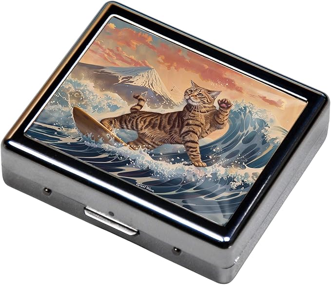 7 Days Chromed Shiny Silver Pill Organizer with Mirror Inside Has 8 Separate Compartments Rectangle Cute Travel Pill Organizer for Purse 7 Days (Surfer cat)