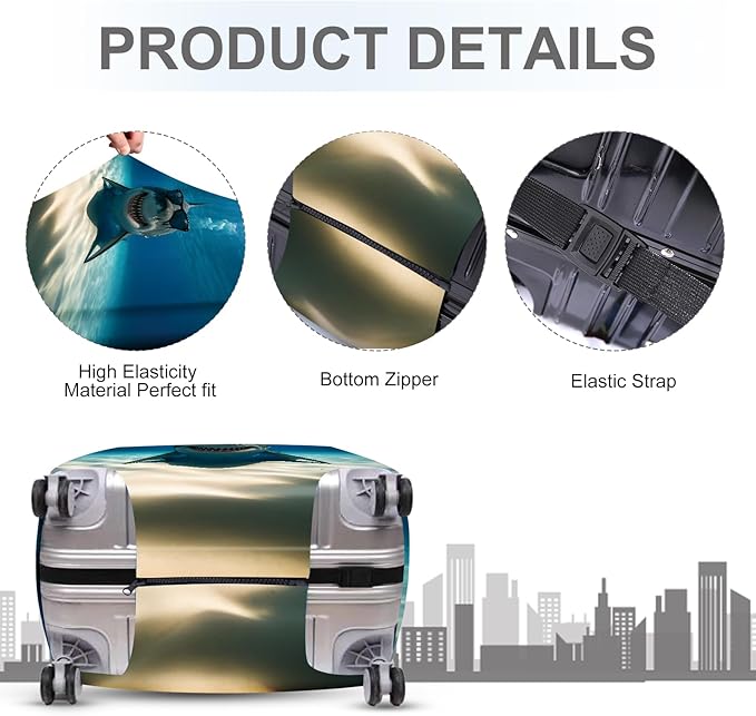 ANNA QUEEN Cool Shark Luggage Cover, Sunglass-Wearing Shark Underwater Design, Stretchable, Washable Travel Protector for 32-34 Inch Luggage