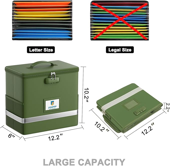 Fireproof File Box with Lock, Document Box Storage Organizer, Suitable for Hanging File Folders in Letter Size, Collapsible File Box, Reflective Strip for Fast Find (12.2"*6"*10.2, Green)