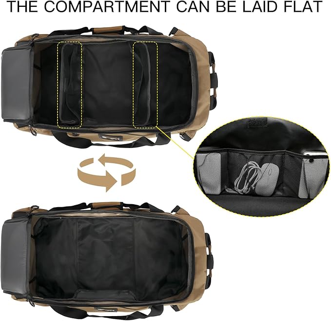 TUGUAN Extra Large Travel Duffle Bag Backpack for Men with Adjustable Dividers 120L Big Weekend Overnight Bag with ID Pocket Shoulder Strap Heavy Duty Sports Duffel Bags for Camping Gym, Brown