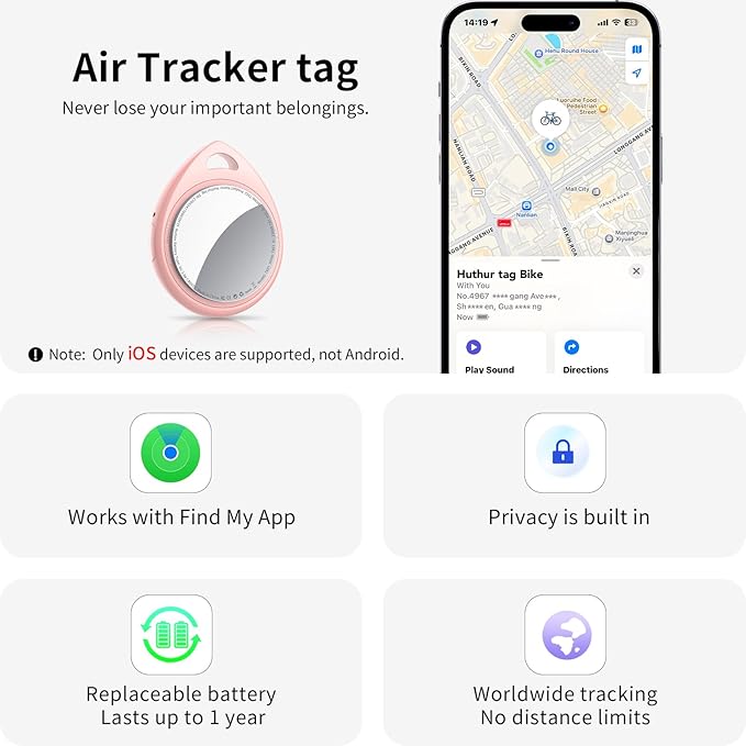 Air Tracker Tags-3 Pack Pink, 5.3 Bluetooth Tracker Work with Apple Find My (iOS Only), 100dB Sound, Smart Tag with Keychain/Lanyard, Item Finder for Luggage/Key/Suitcase, Replaceable Battery.