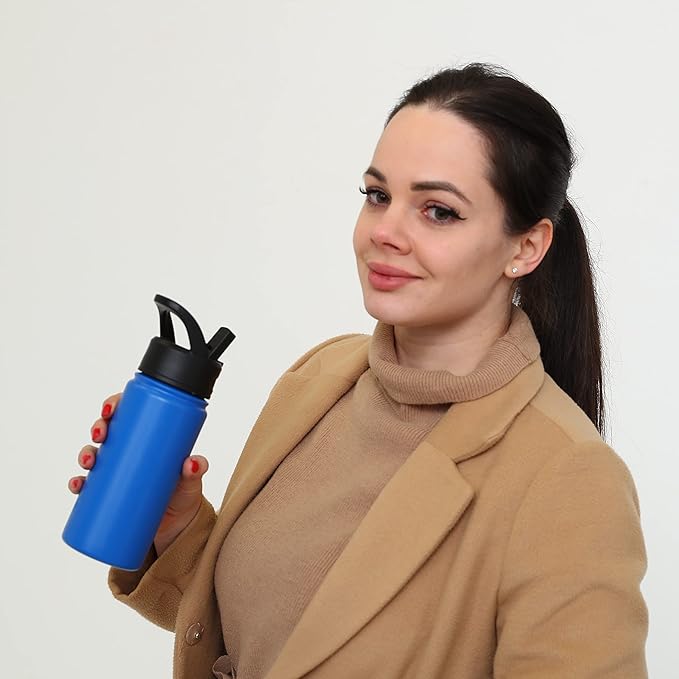 BJPKPK Insulated Water Bottles with Straw Lid, 18oz Stainless Steel Metal Water Bottle, Cold Hot Thermo with 3 Lids, Leak Proof BPA Free Travel Cup, Wide Mouth Flasks, Thermo -Midnight