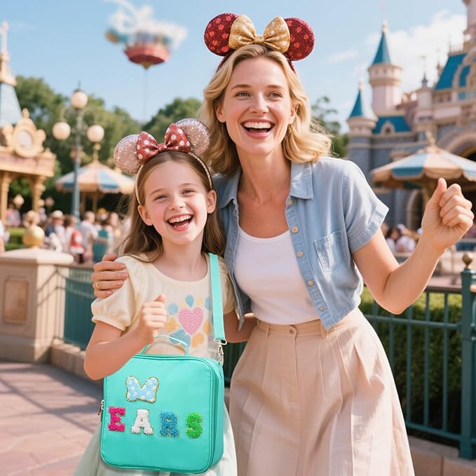 Chenille Letter Bow Mouse Ears Travel Case, Park Ears Headband Holder Hair Accessories Organizer Bag for Girls Women Kids Adults, Large Makeup Bag Snack Bags with Zipper for Travel Picnic - Cyan