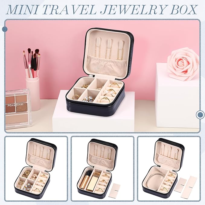 Yinkin 12 Pcs Mini Travel Jewelry Case Bridesmaid Proposal Gift Boxes, Small PU Leather Earring Organizer, Bulk Travel Accessories Portable Jewelry Holder(Glossy Black)