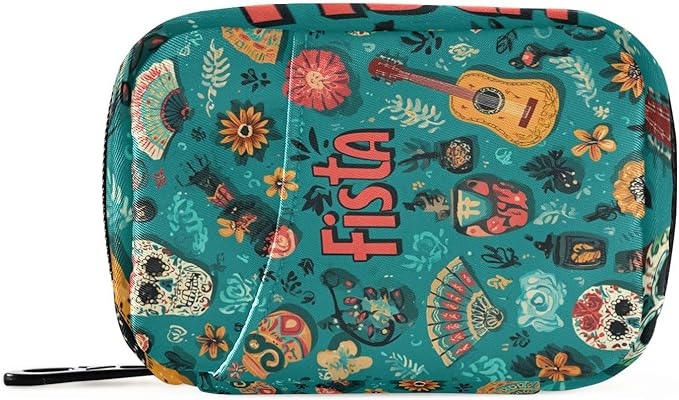 Fiesta Mexican Green Skulls Guitars Flowers Travel Pill Organizer Case Box Container Weekly Portable Vitamin Medicine Holder Storage Bag with Zipper Removable