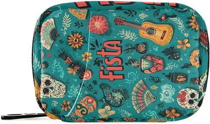 Fiesta Mexican Green Skulls Guitars Flowers Travel Pill Organizer Case Box Container Weekly Portable Vitamin Medicine Holder Storage Bag with Zipper Removable