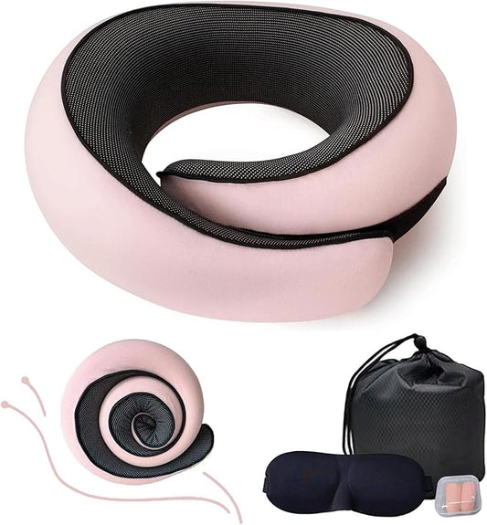 Benebou Travel Neck Pillow for Airplanes, 100% Pure Memory Foam Travel Pillow, 360° Support Ergonomic Design, Portable Airplane Pillow with Washable Cover, Perfect for Airplanes, Car & Office (Pink)