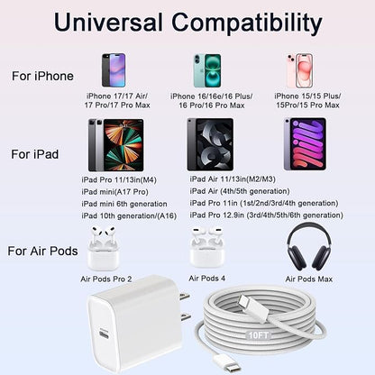 iPhone 17/16/15 Charger Fast Charging 3Pack 40W USB C Charger Fast Charging Block with 10FT USB C Cable for iPhone 17/17 Pro/17 Pro Max/17 Air/16/16 Plus/16 Pro/16e/16 Pro Max/15/15 Pro Max/iPad Pro
