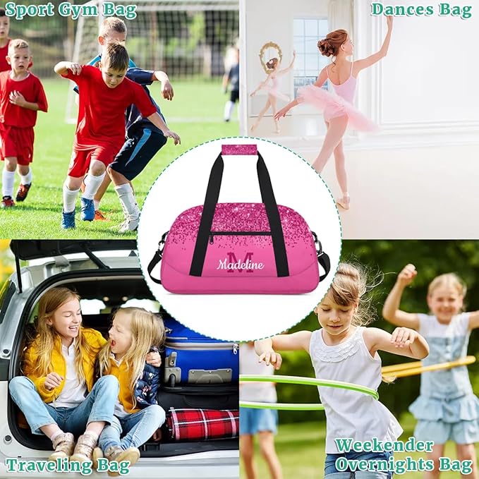 Personalized Kids Sports Duffel Bag with Name Custom Weekender Overnight Bag for Boys Girls Gym Bag Travel Dance Gymnastics Duffel Bag, DeepPink Glitter