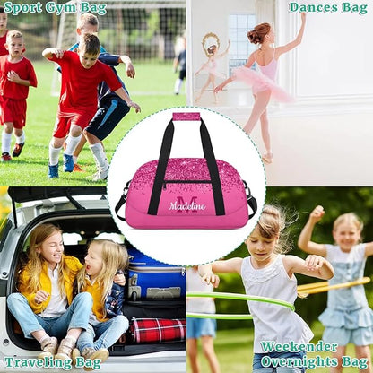 Personalized Kids Sports Duffel Bag with Name Custom Weekender Overnight Bag for Boys Girls Gym Bag Travel Dance Gymnastics Duffel Bag, DeepPink Glitter