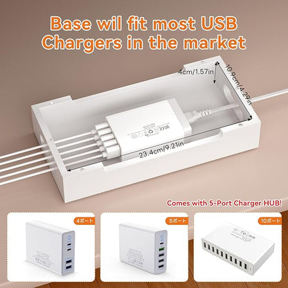 Pezin & Hulin Bamboo Charging Station with Watch Stand, Docking Holder for Multi Device with 5 Port USB Charger HUB, 5 Charge Cables, Desktop Electronic Organizer for Cellphone, Tablet, Watch-White