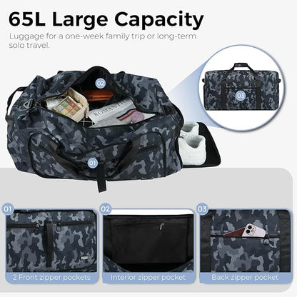 Fmeida 65L Duffle Bag with Shoes Compartment, Foldable Travel Duffel Bags for Men Women, Large Packable Travel Bag Water Repellent & Tear Resistant (BlackCamo)