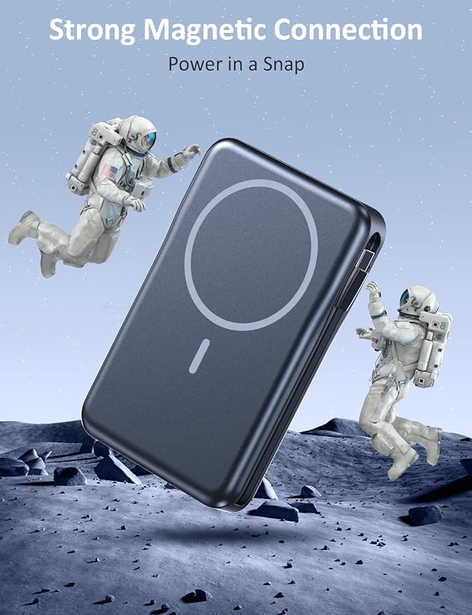 Magnetic Portable Charger, 10000mAh Power Bank, 5 in 1 Portable Charger with Built in Cable, 20W Fast Charging for Magsafe Battery Pack Compatible with iPhone 17/16/15/14/13/12 Pro/Pro Max-Black