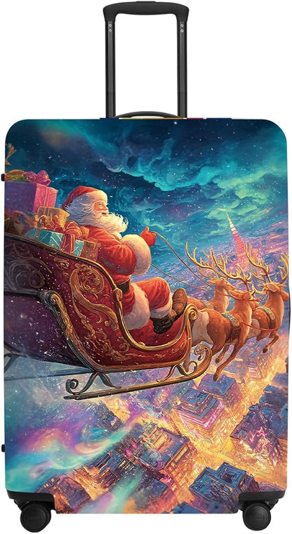 Northern Lights Christmas Luggage Cover - Santa's Sleigh Flying Over City Under Aurora, Magical Stretchable Suitcase Protector 28 30 Inch