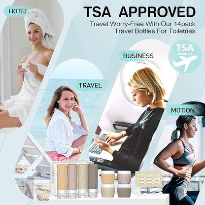 14pack Travel Bottles for Toiletries, TSA Approved Travel Size Toiletries Containers Set, Premium Silicone Leak Proof Refillable Squeezable & Creams jars Accessories Kit W/Clear Bag (Apricot)