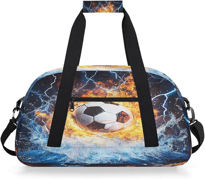 Kids Duffle Bag Girls Boys Soccer Ball Sport In Fire Ice Weekender Overnight Bag,Lightweight Duffel Bags for Traveling Gym Sport Dance