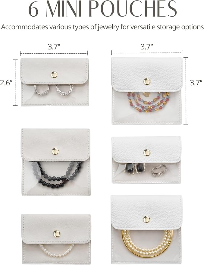Popvibe Travel Jewelry Case Organizer Small Jewelry Box for Women with 6 Jewelry Mini Pouch, Portable Traveling Jewelry Holder Bag for Earring Necklace, White