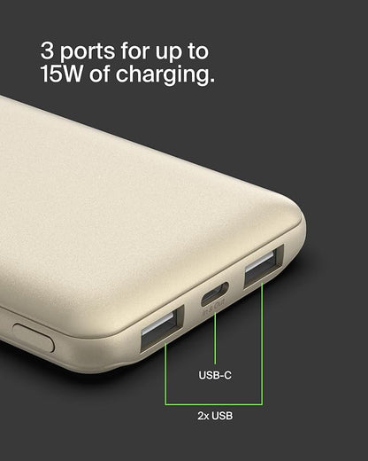 Belkin Portable Charger, USB-C Power Bank 10000 mAh w/ 2xUSB-A Ports, 15W w/Type-C to Type-A Cable for iPhone 17, Air, Pro, Samsung Galaxy S25, iPad, Nintendo Switch 2, Google Pixel 10, etc. - Gold